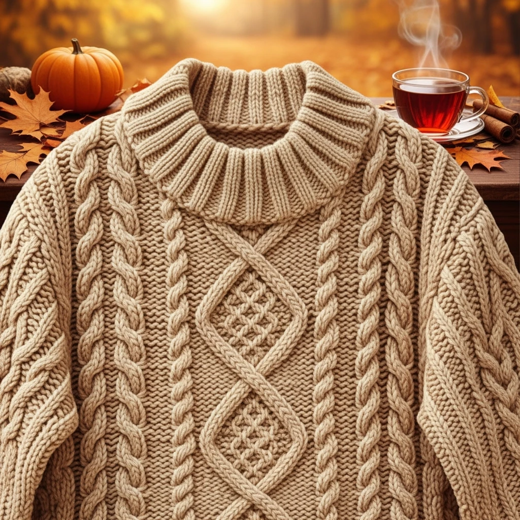 knitted sweater texture, seamless pattern, warm beige and cream tones, cozy autumn background, soft fabric style emoji