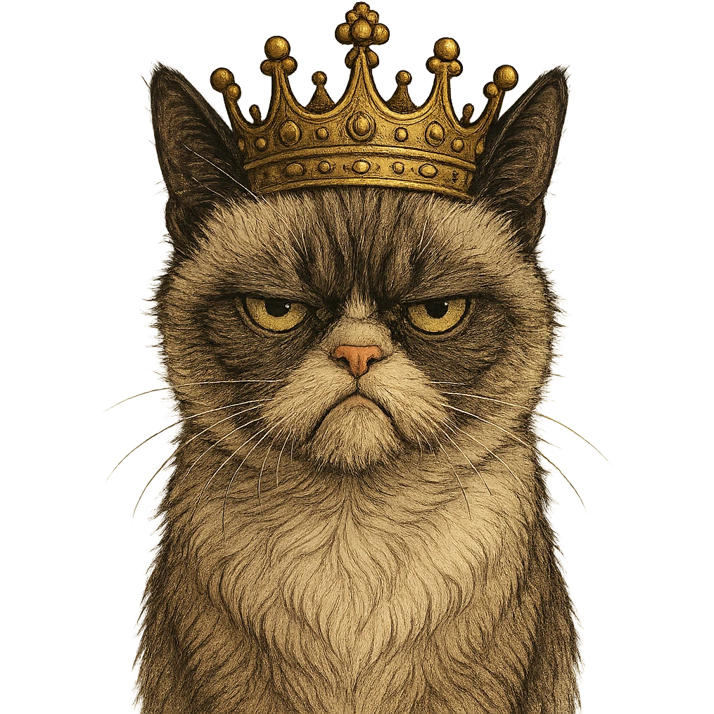 grumpy cat with a crown emoji