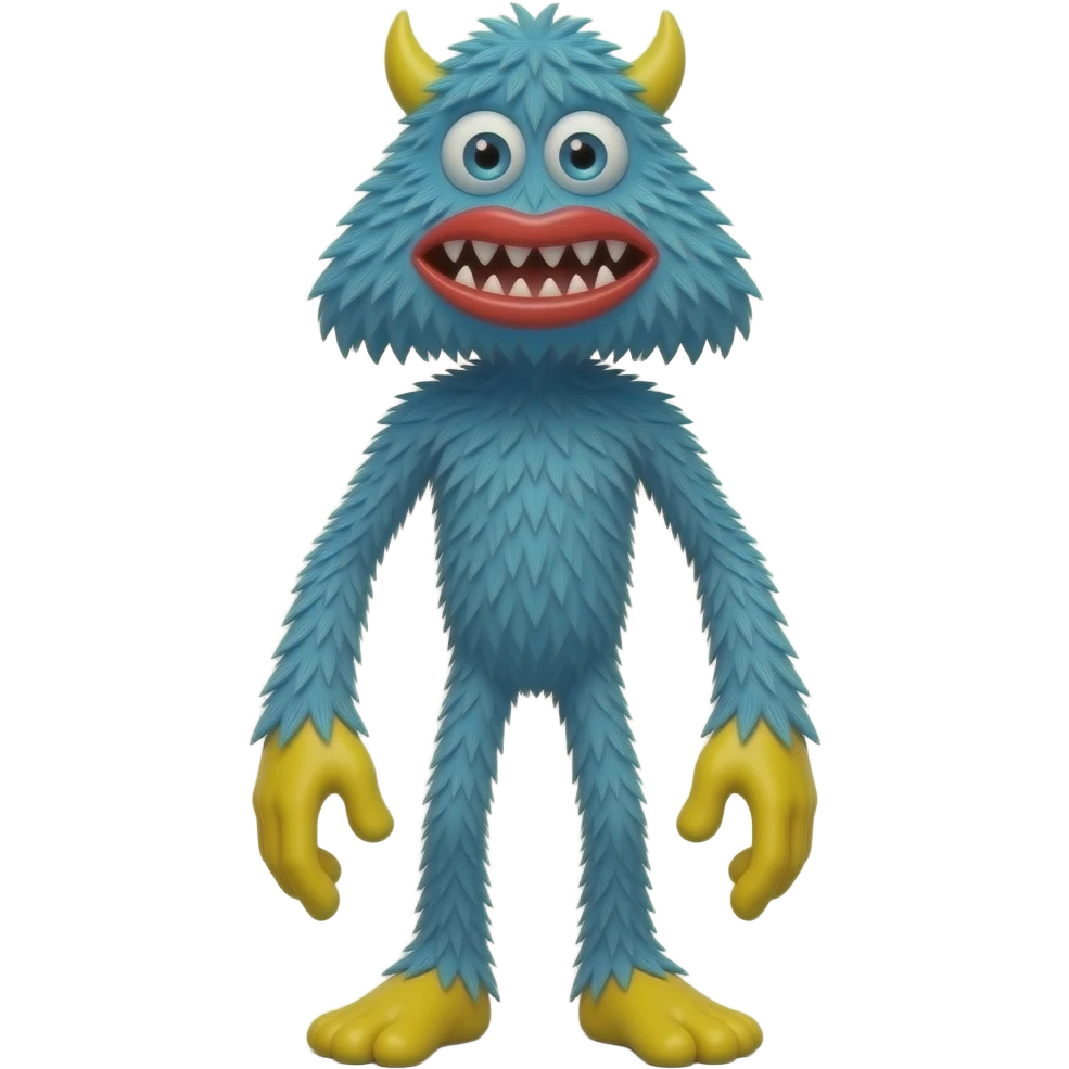 Monstro peludo azul, alto e magro,COM ROSTO TRIANGULAR INVERTIDO INVERTIDO , olhos grandes, lábios vermelhos e dentes afiados. Tem mãos e pés grandes amarelos, membros longos, torso visível, pelos azuis desgrenhados em estilo cartoon e expressão assustadoramente divertida. Não tem chifres emoji