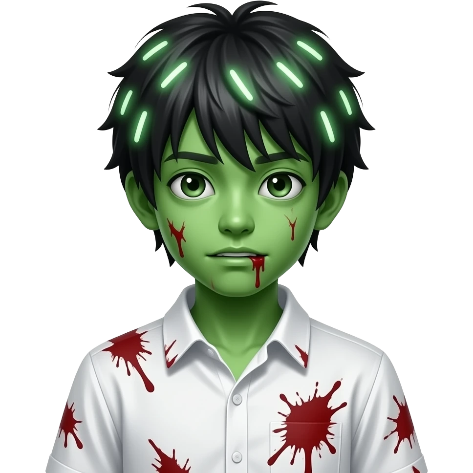 garoto zumbi japonês pele verde com cabelo com luzes brancas e com uma camisa branca com sangue emoji
