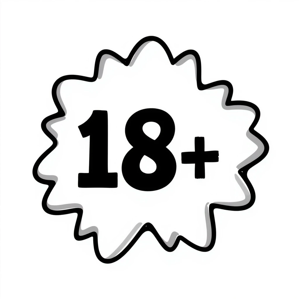 simple hand-drawn 18+ badge shaped like a starburst, with bold contours, stylized shadows and highlights, '18+' text in the middle, playful expressive ficwriter style emoji