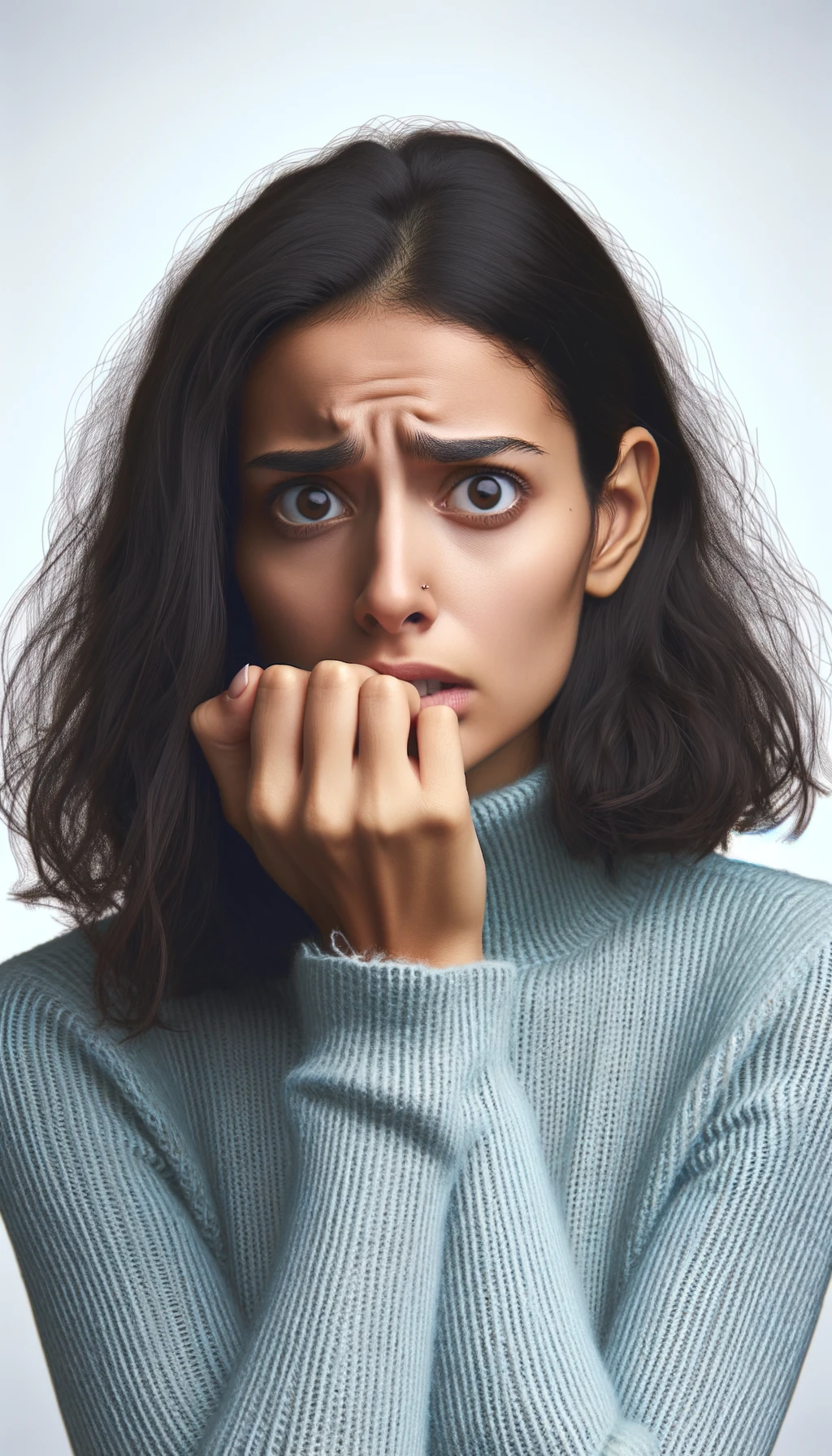 DONNA  che si mangia le unghie per il nervosismo, sfondo chiaro, iperrealistica 4k emoji