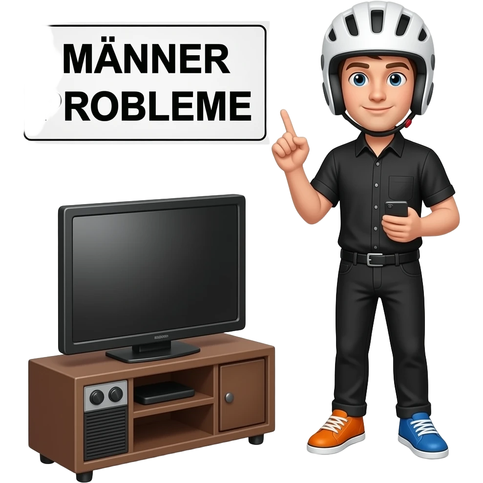 young man in black shirt and black pants wearing a white helmet, the right shoe is colored blue and the left shoe is colored orange, the right hand holds a pointer and the left hand is holding a handy, he stand in front of a tv and a sign with MÄNNER PROBLEME written on it is seen emoji