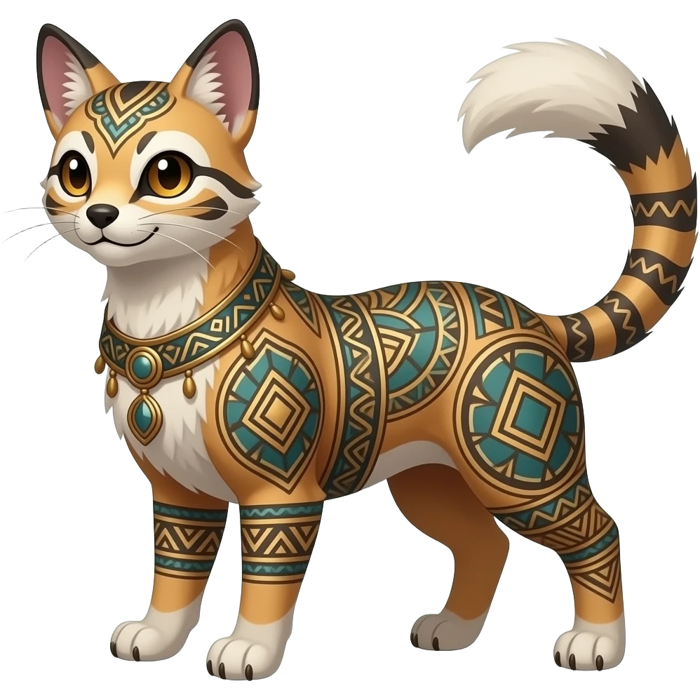 Tribal-patterned unique epic legendary vintage antique elemental aesthetic quadrupedal elegant oriental feral painted Civet-Litten-Luxray-Sprigatito-Furret-Sylveon-animal-Fakémon-fusion-hybrid-creature emoji