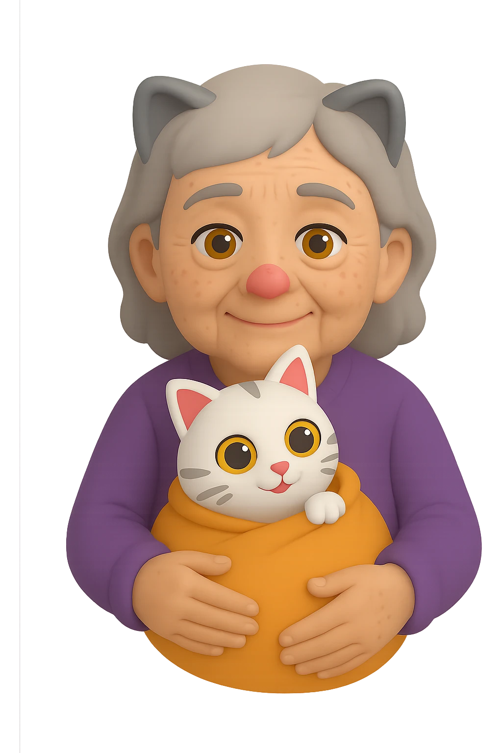 Make the grandmother look older with more wrinkles, gray hair, and age spots in a 3D emoji style. She is holding one cat. The background should be transparent with no background. emoji