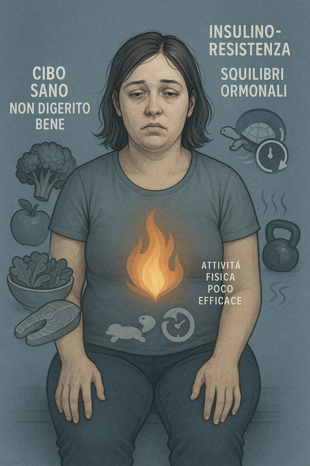 Donna tra i 25 e i 35 anni con fisico leggermente gonfio e postura affaticata, seduta con sguardo stanco. In trasparenza sul suo corpo, si vedono elementi simbolici: una fiamma metabolica molto piccola nel centro dell’addome, una tartaruga accanto a un simbolo di orologio rallentato, indicatori visivi di insulino-resistenza e squilibri ormonali. Intorno a lei: cibo sano non digerito bene, attività fisica poco efficace. Colori spenti attorno al corpo, con toni freddi e lentezza visiva. Stile realistico con elementi infografici e simbolici integrati IN ITALIANO emoji