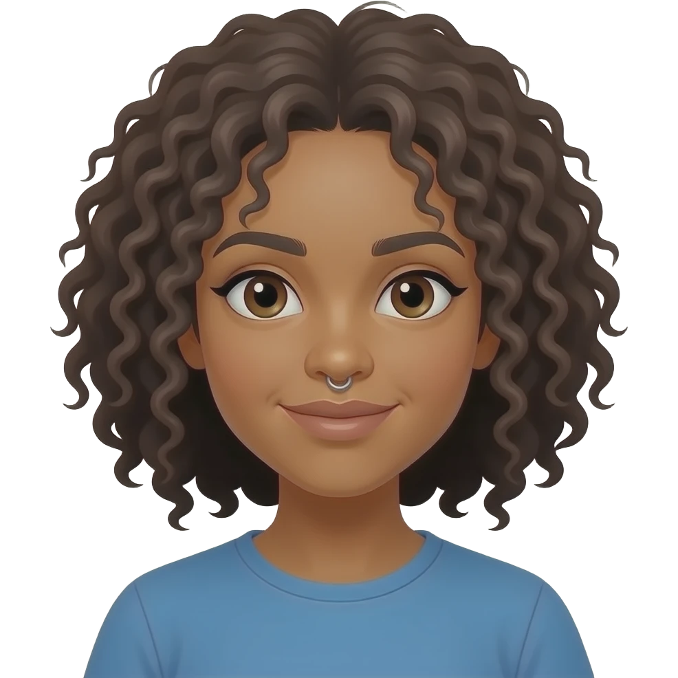 light-skinned black girl with curly brown hair with a lateral nose percing coding in a pc emoji
