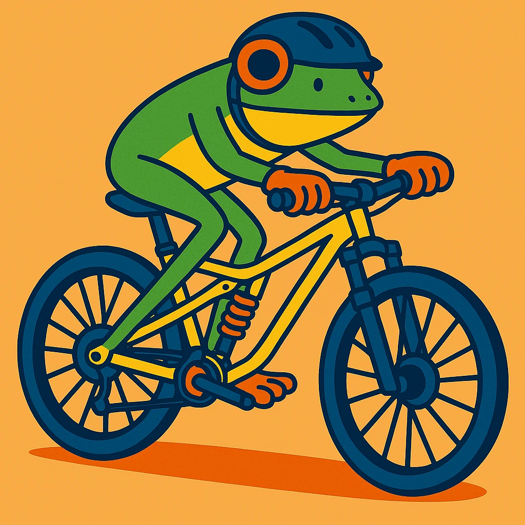 Add a helmet to the frog riding a full suspension mountain bike, keep the vibrant and playful style, preserve background. emoji