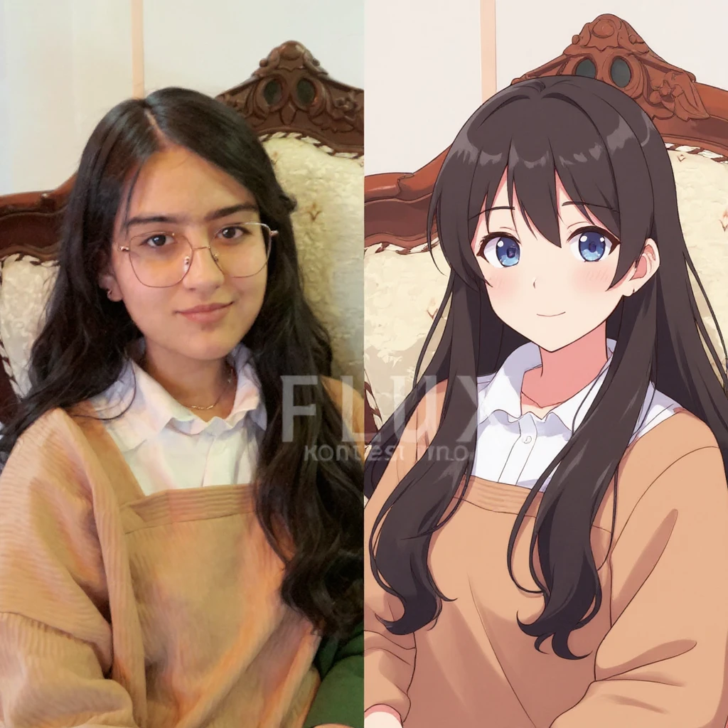 create before after image of a girl before is realsitic photo, after is anime version of her in same pose and clothes, add logo with text of a "FLUX Kontext Pro" emoji