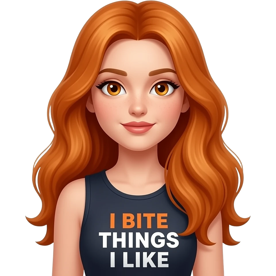sexy girl with overlong ginger hair and ginger eyes a top with I BITE THINGS I LIKE written on it emoji