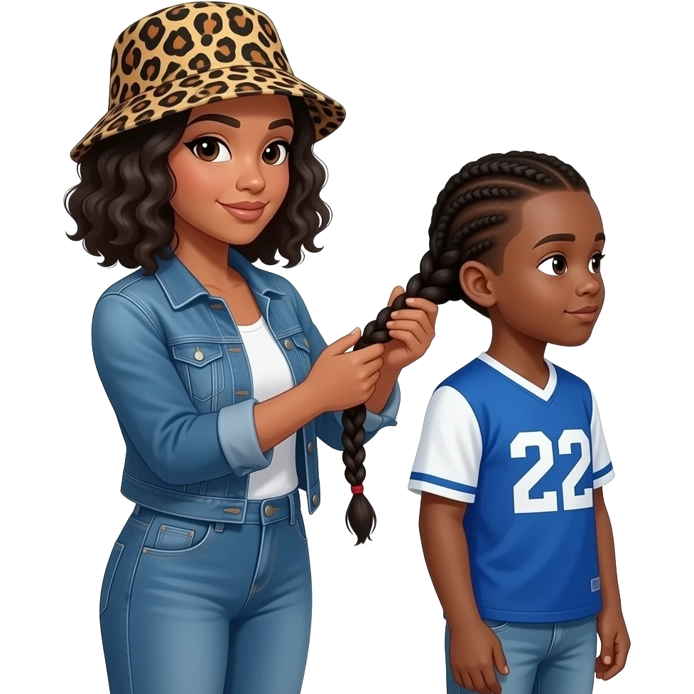 African American woman with shoulder length curly black hair wearing a leopard print bucket hat wearing a white shirt wearing a denim jacket and denim jeans braiding an African American teenage boy hair in neck length cornrows wearing a blue and white jersey shirt with 22 on it wearing jeans emoji