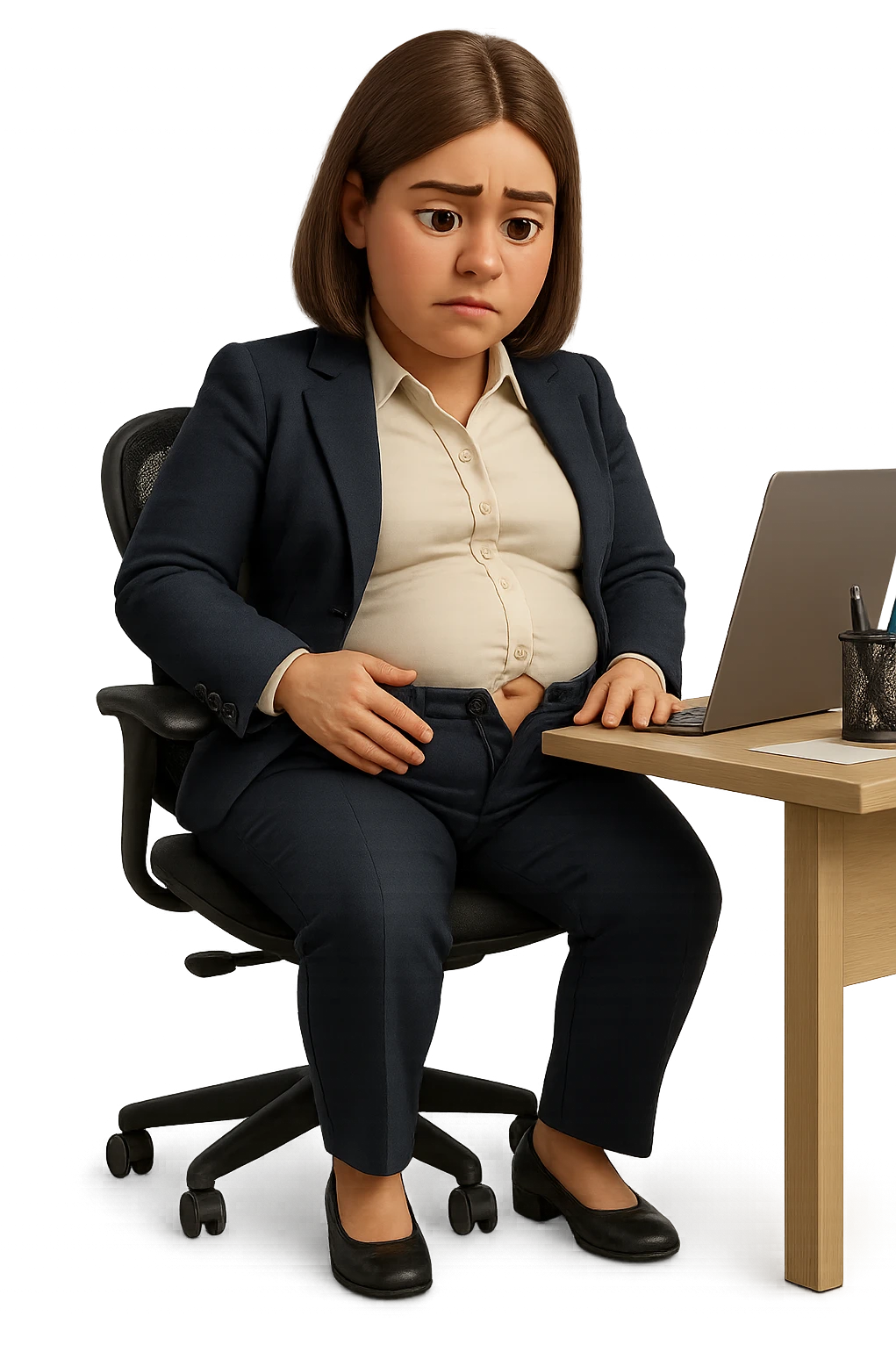 emoji stile iphone di una donna seduta alla scrivania dell'ufficio in completo elegante con i pantaloni sbottonati perché ha la pancia gonfia, falla a corpo intero, iperrealistico 4k emoji