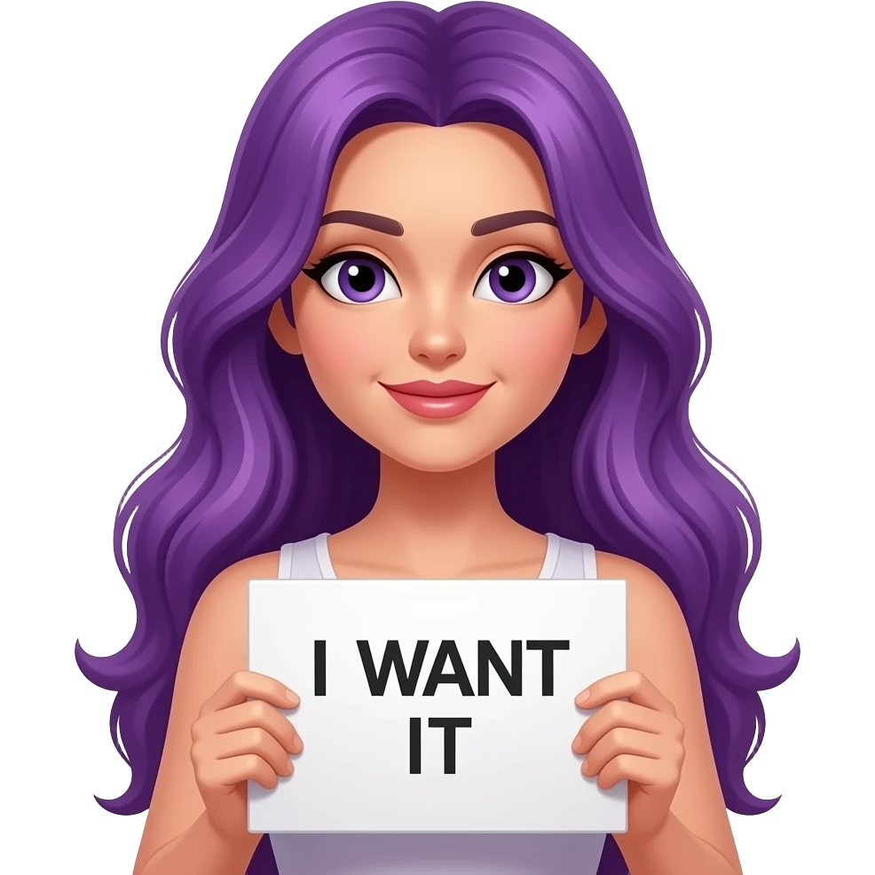 sexy girl with long purple hair holding a I WANT IT sign emoji