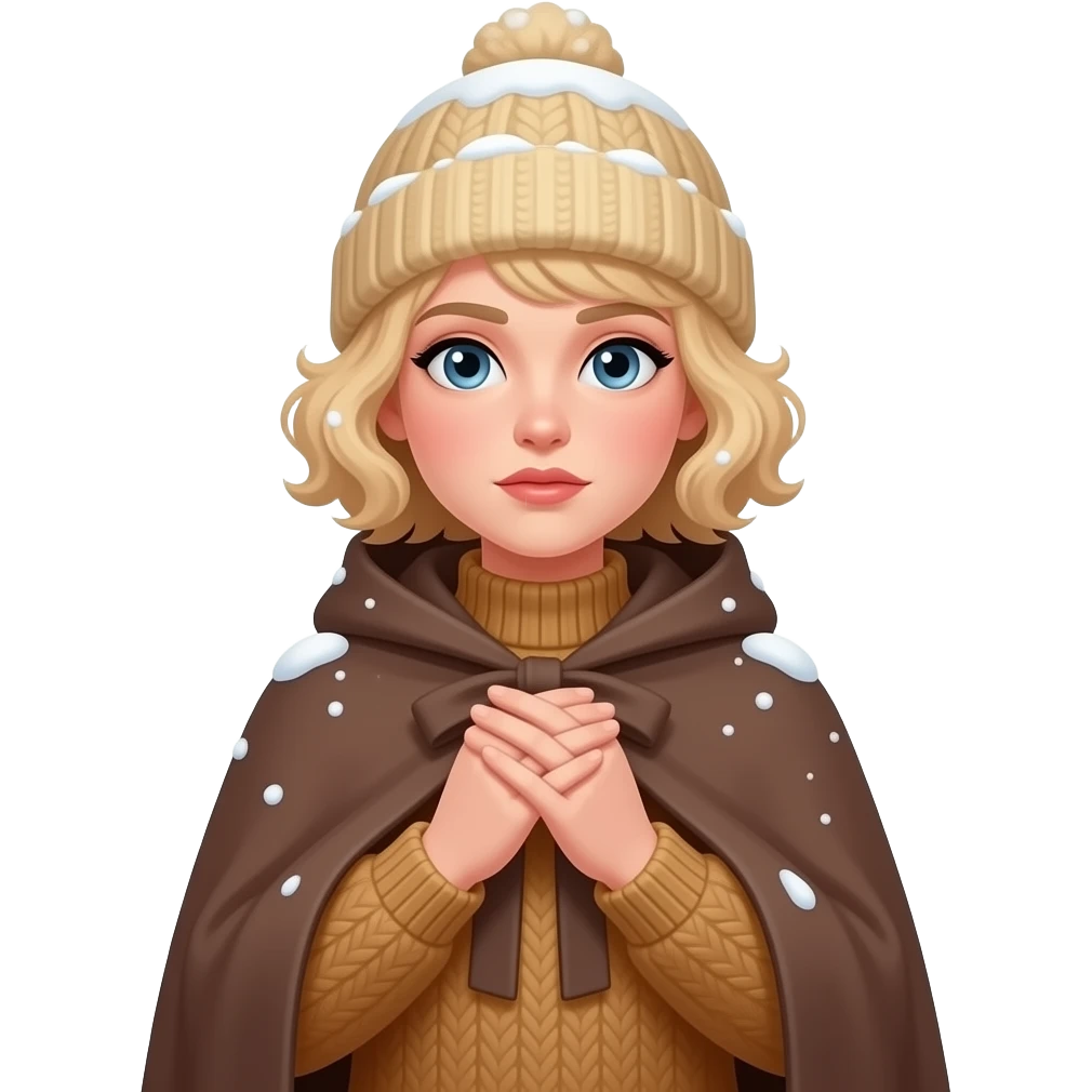 blonde tight curly bob cold face with hands sheltering body in a cape coat and winter hat and snow around in a brown sweater emoji