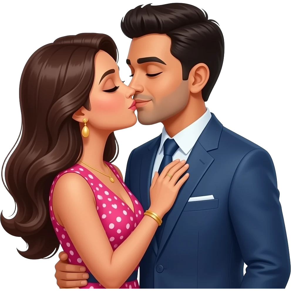 Husband kissing wife lovingly Indian couple modern dress emoji