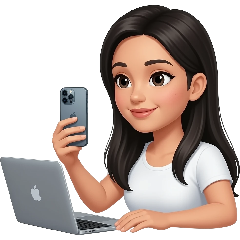 Mujer con cabello bien largo negro lacio, de piel normal NO morena, lunar en el cachete, con ojos negros, grabandose con un iphone 15 pro color gris y una mackbook a su lado, con top blanca,  que no sonria, de perfil izquierdo, que MIRE la cámara emoji