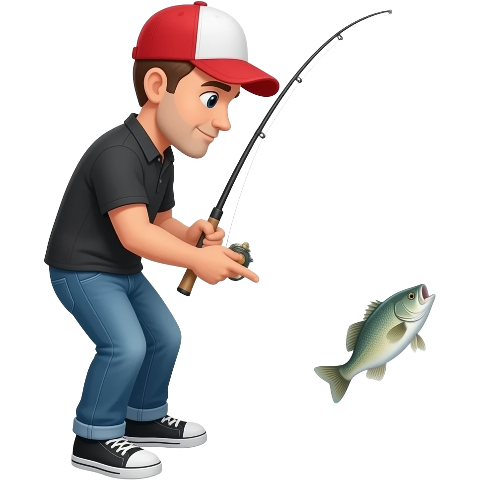 a guy with  a red and white hat on with a black shirt looking into the river at a fish he lost swimming away emoji
