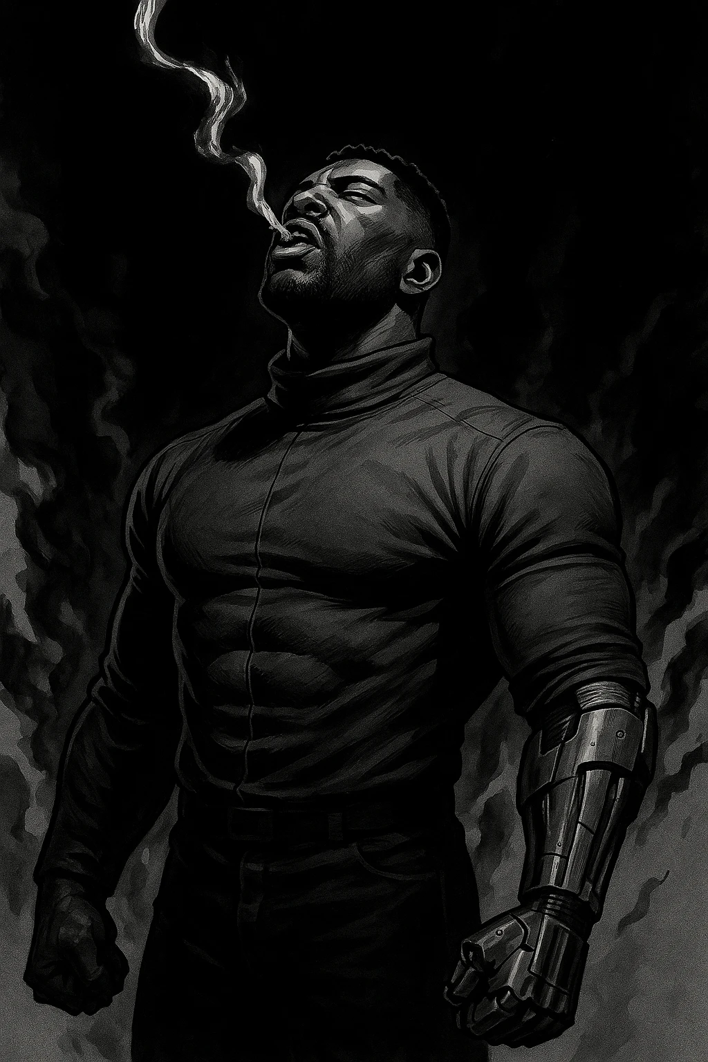 Black and white comic book panel of an extremely muscular African American man with cybernetic implants standing in the dark, surrounded by smoke. He is wearing a long-sleeved shirt with a high collar, and his chest is sculpted. emoji