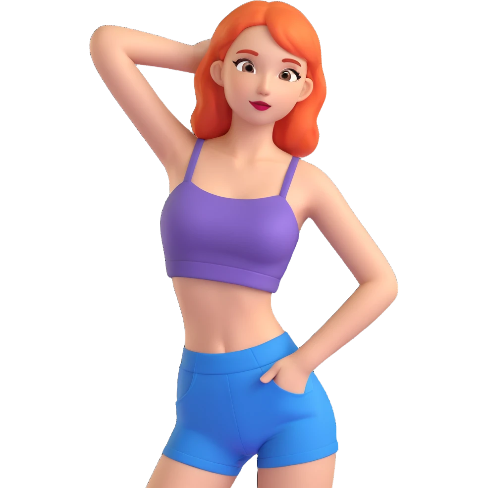 girl in a crop top, playful pose, trendy fashion emoji
