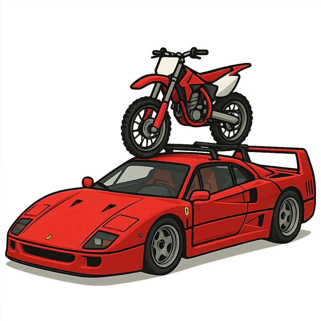 A stylized Ferrari F40 with a 125cc dirt bike on a visible roof rack, dirt bike to proper scale, transparent background emoji