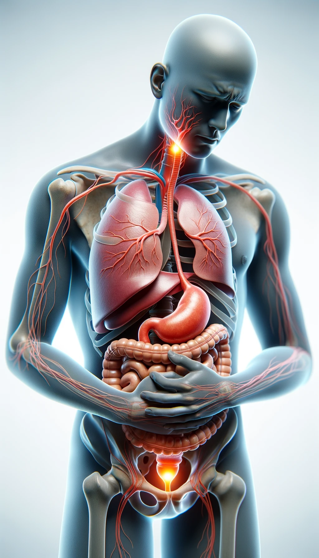 cistifellea umana anatomica realistica e intestino sono collegati nel dolore, sfondo chiaro emoji