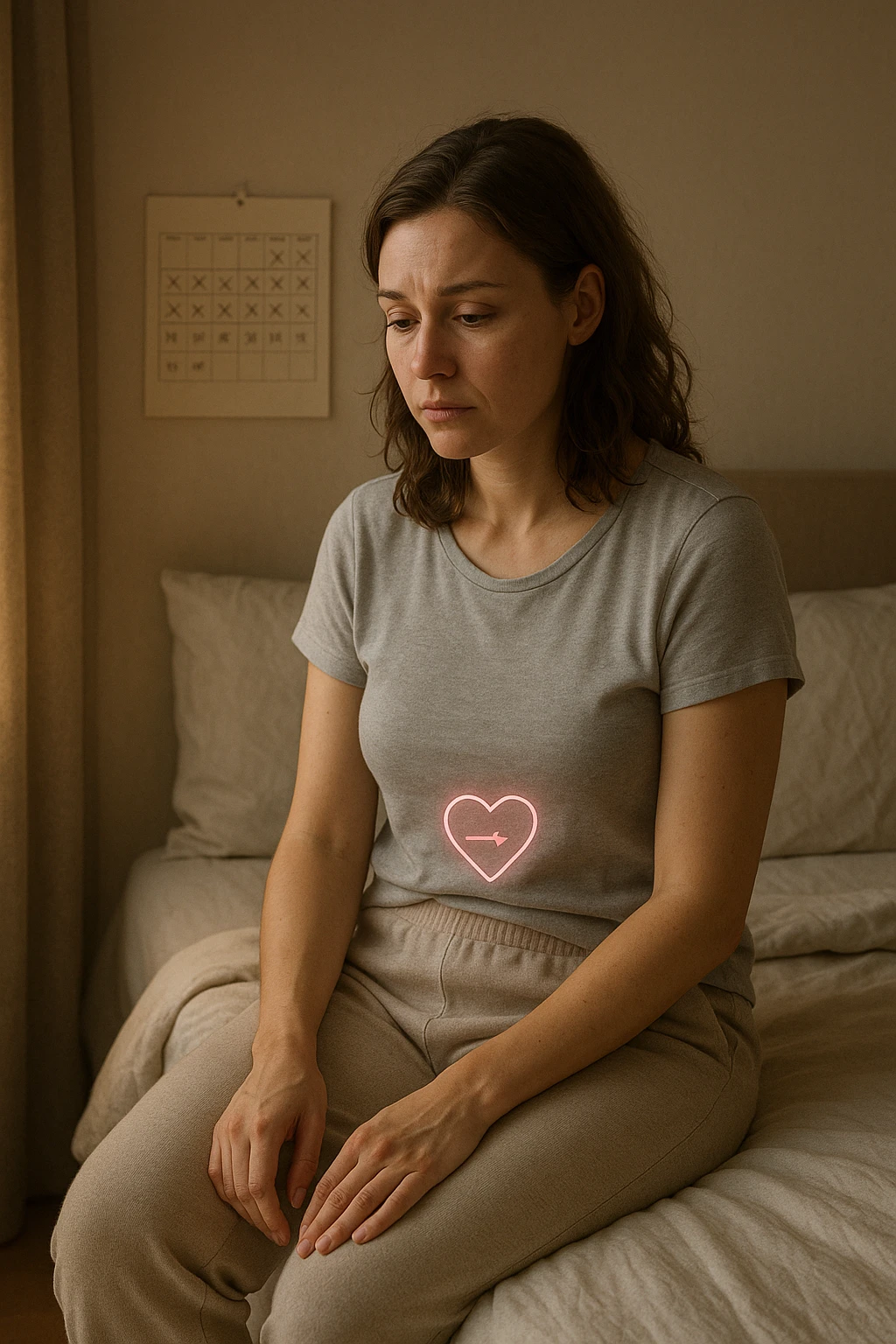 3D realistic medical illustration: a young woman in her 20s or 30s sits on the edge of a bed in a softly lit bedroom, looking thoughtful and slightly concerned. She wears comfortable loungewear, her posture is slouched, and her expression is subdued. Subtle visual cues—such as a faded calendar with missed menstrual cycles and a dimmed heart or energy icon near her abdomen—symbolize low libido and amenorrhea. The scene is realistic, intimate, and empathetic. emoji