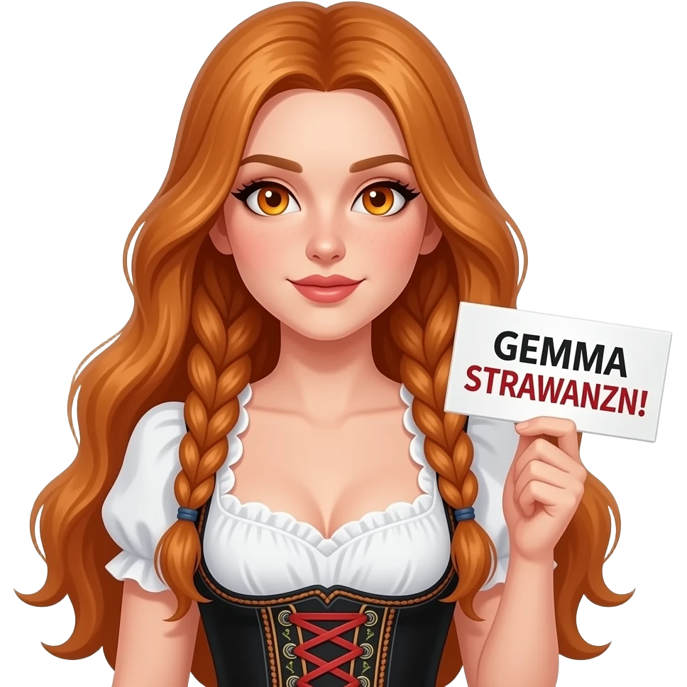 sexy girl with overlong ginger hair in braids and ginger eyes wearing a dirndl holding a GEMMA STRAWANZN! sign emoji