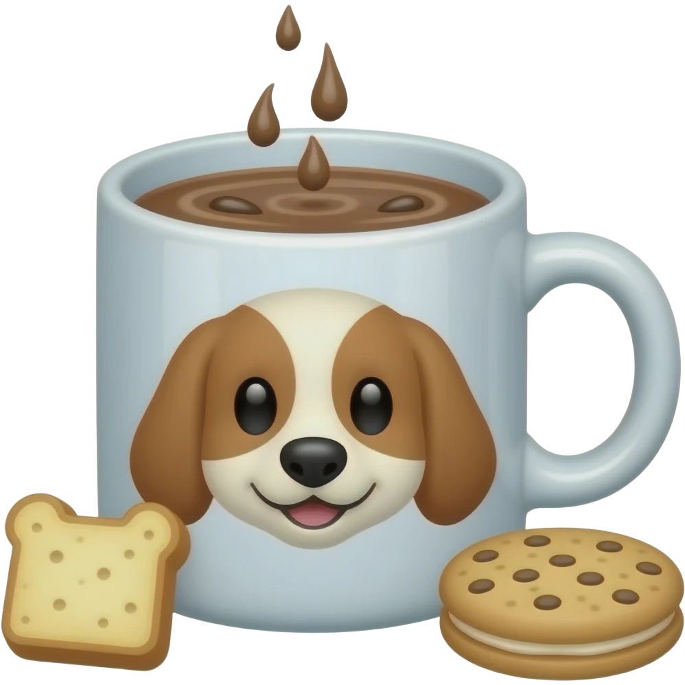 Toast with hot chocolate in a Cockapoo cartoon ish white mug with a cookie emoji