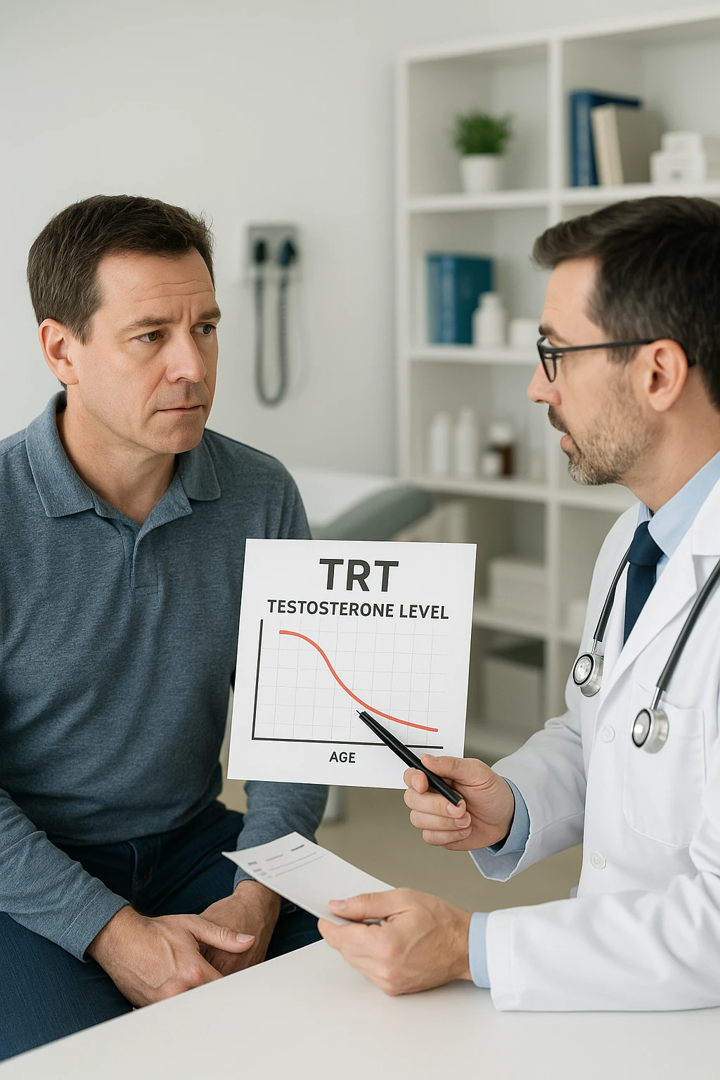a man in his 40s sits in a doctor’s office, listening attentively as a physician explains TRT (Testosterone Replacement Therapy). The doctor holds a prescription pad and points to an educational chart showing testosterone levels. The mood is professional and informative, with a clean, clinical background. emoji