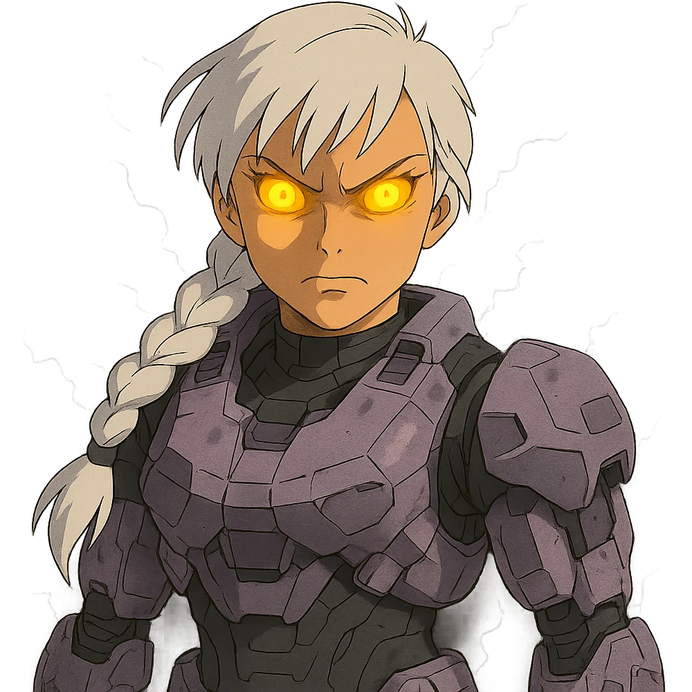 female, wearing reach spartan armor shoulder-unequip, long white braid hair with massive messy front side single bangs, gold yellow eyes, attention pose, D-cup size, HALO:series, no helmet, the armor is lavender color scheme, eyes glowing, demon eye, gleam, rage aura, body steaming dark gray, blue electricity, mouth clowed scowling emoji