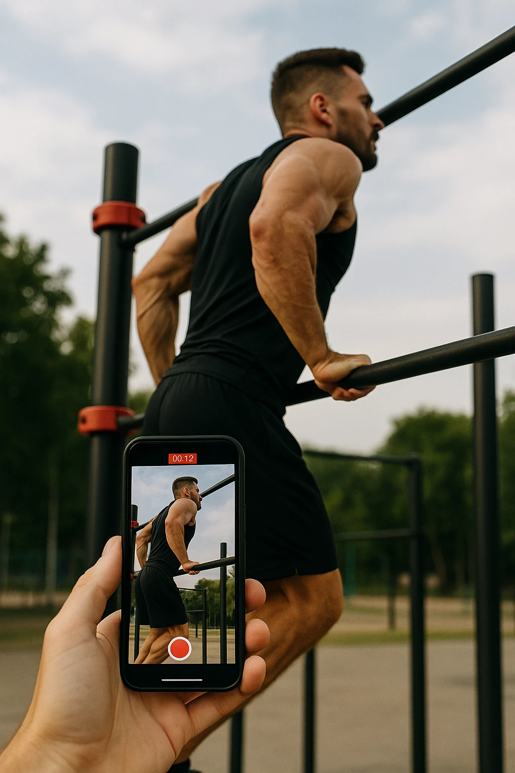 uomo che fa Muscle up e si sta filmando di lato con il telefonino che lo riprende mentre si allena, così da analizzarsi dopo emoji