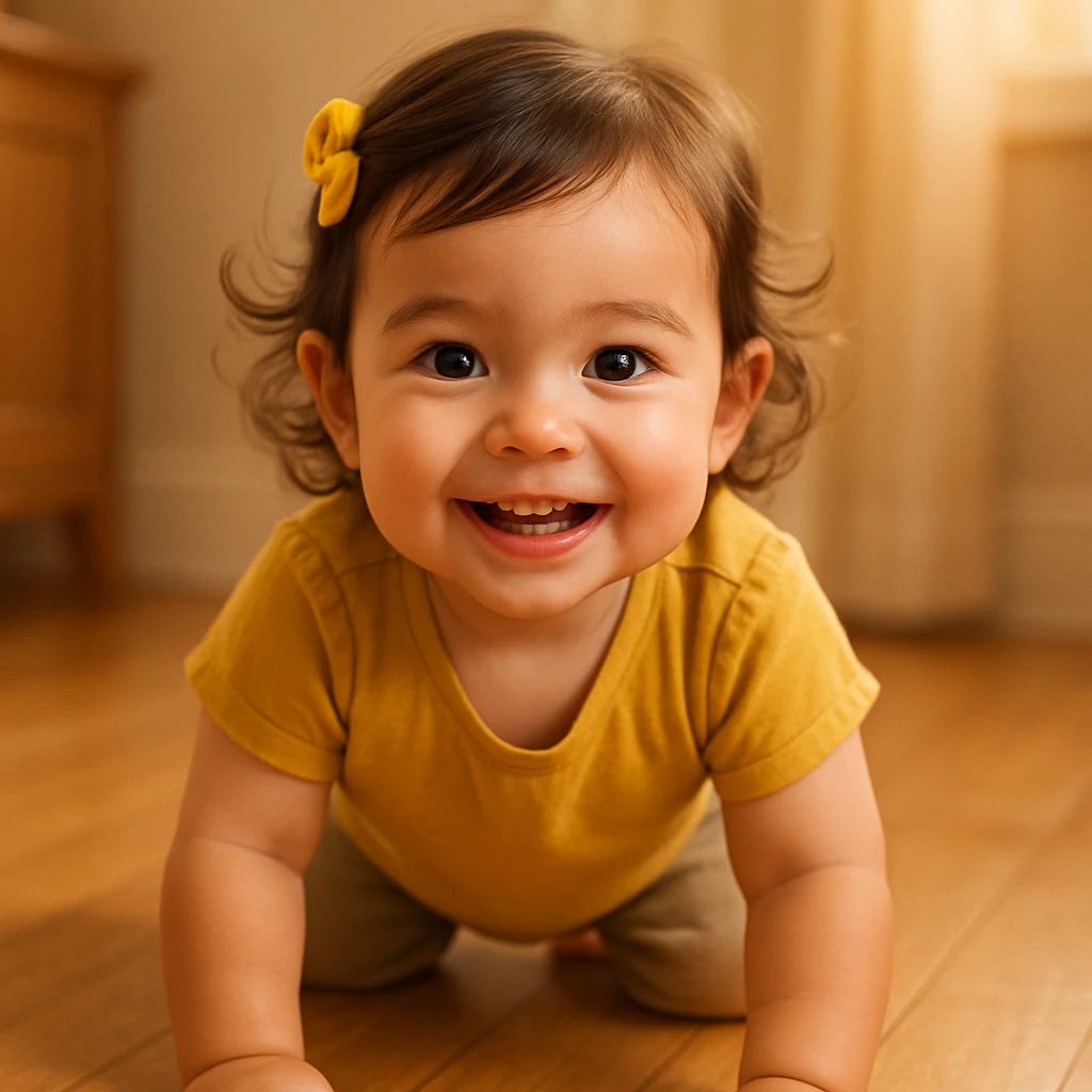 a girl on all fours crawling toward you, cheerful, direct eye contact emoji