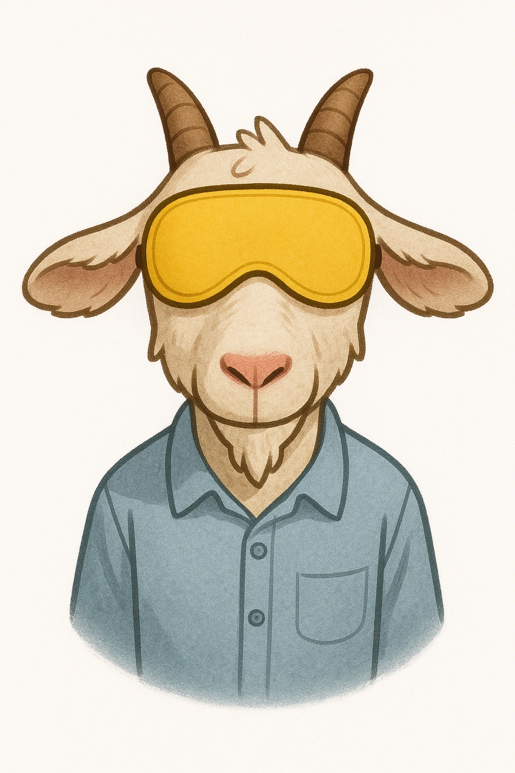 a goat with yellow sleep mask and wearing shirt, front view,  Frontal Top-Down Soft Light, white background, portrait, casual cartoon stylized emoji