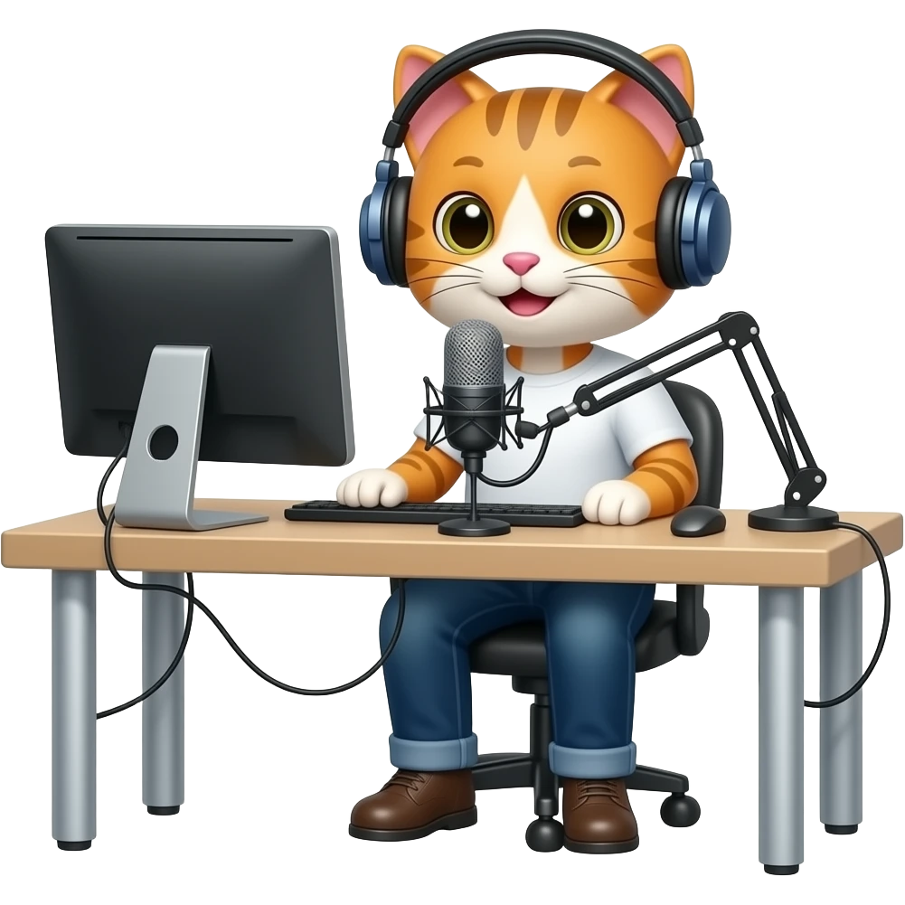 Napster kittyhead logo on a cat podcaster at desk with computer, microphone and headphones emoji