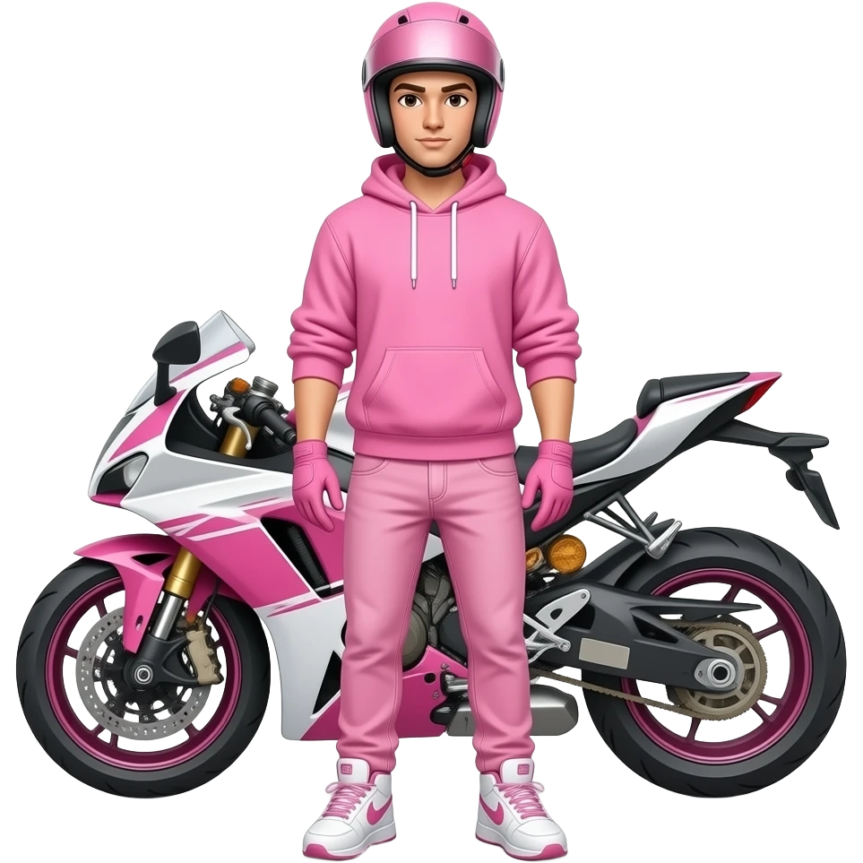 young strapping man with pink jeans and a pink hoodie wearing white pink sneakers and pink gloves, also he wears a pink motorcycle helmet and stands in front of a pink white motorcycle emoji