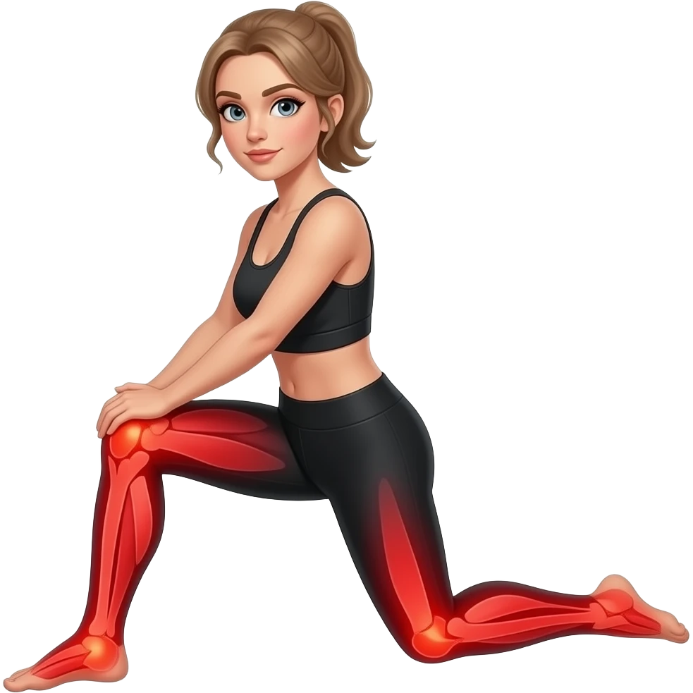 leg pain, full red glow covering both legs from hips to feet, woman holding one leg, fair-skinned woman, gray-blue eyes, ash brown brows, ash light brown hair tied back, slim athletic body, black workout set emoji