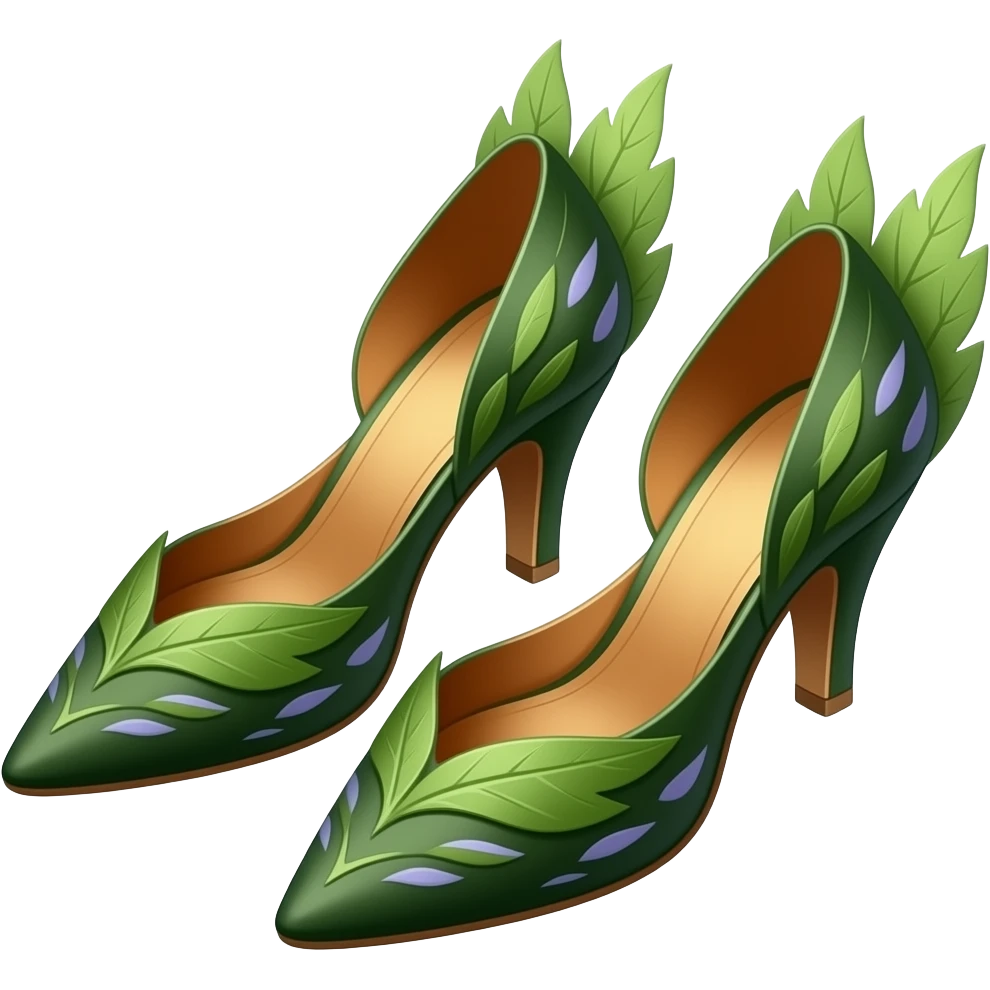 A pair of refined fairy shoes in deep green and warm amber-orange, with graceful pointed shapes, delicate leaf-like structure, elegant straps, and subtle violet accents, rendered in a sophisticated botanical fantasy style. emoji