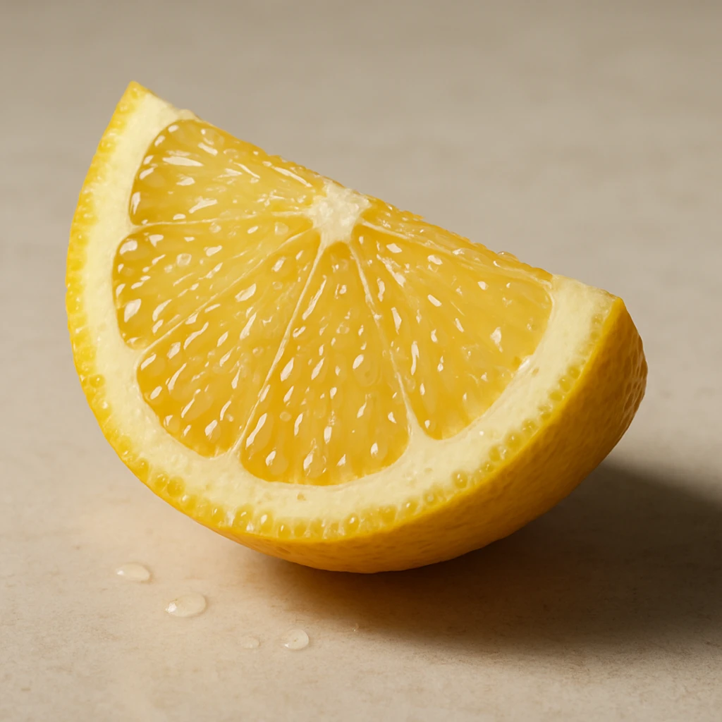 realistic lemon wedge, fresh cut, juice drops, soft shadows emoji