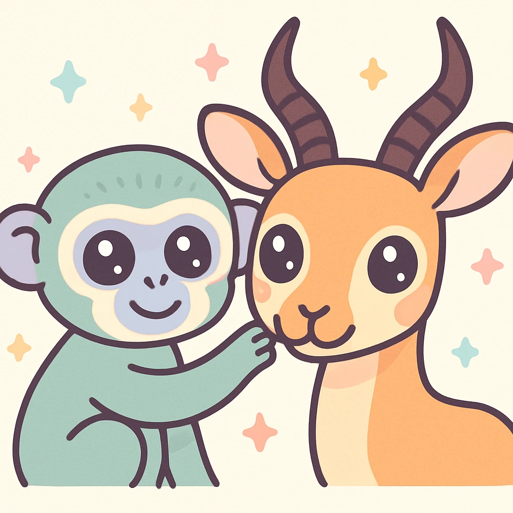 cute cartoon of a vervet monkey and an impala head together, big eyes, playful style emoji