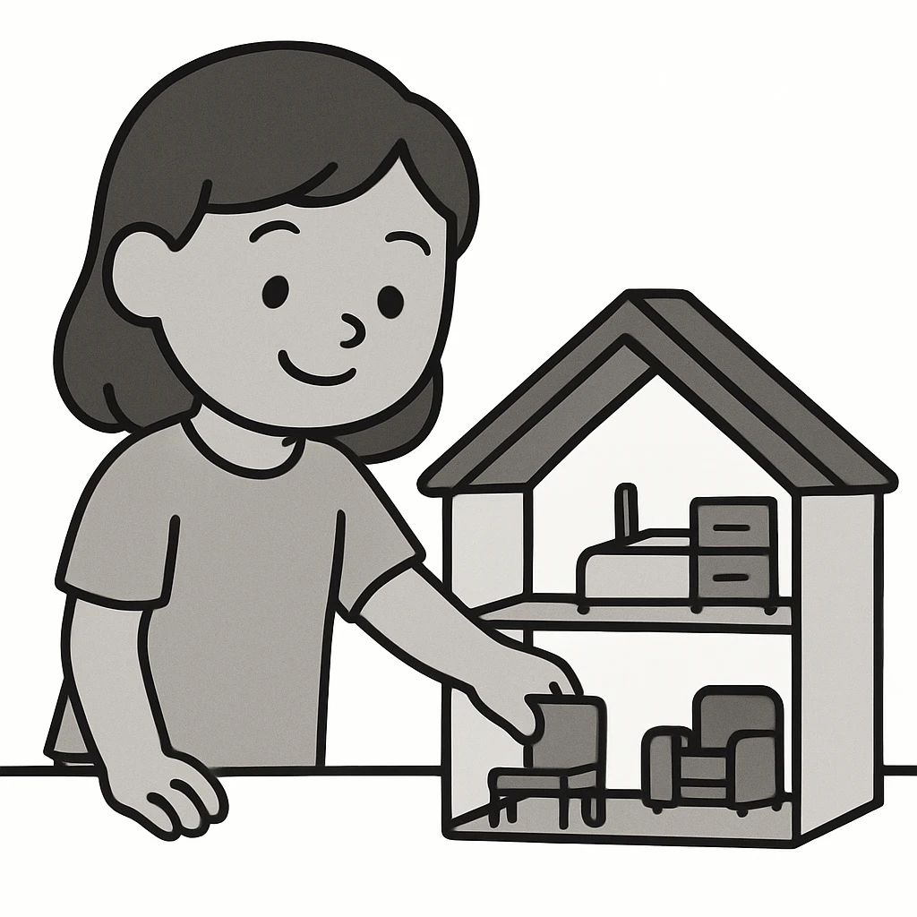 smiling girl arranging furniture in doll house emoji