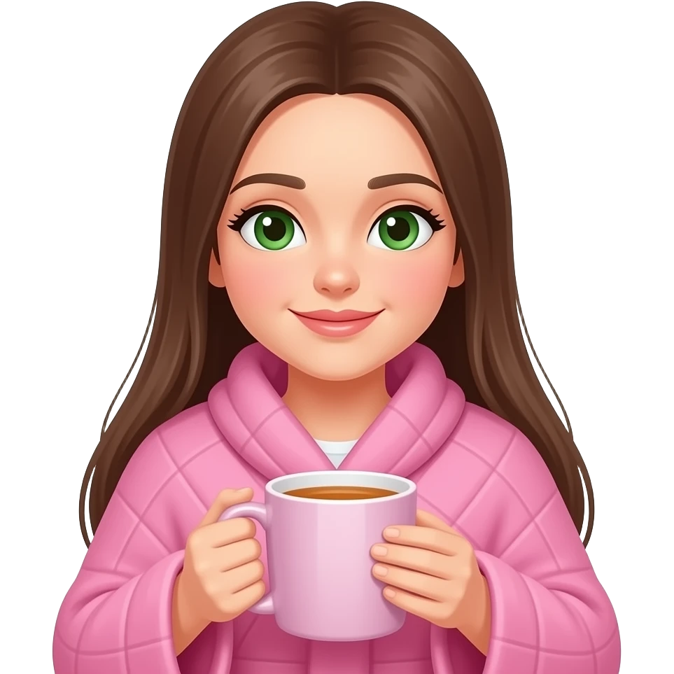 white girl with grean eyes and long brown straight hair wrapped in a pink blanket with a big mug of tea emoji