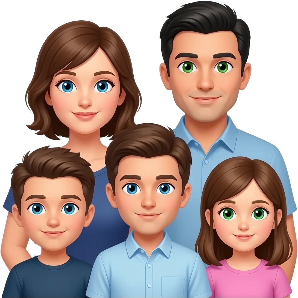 family of 6 white people (mother has blue eyes, all with brown hair other than father with black hair and green eyes) with 4 total kids: 2 oldest brothers have green eyes, 3rd brother is 15 with blue eyes, and daughter is 10 with light brown hair green eyes. emoji