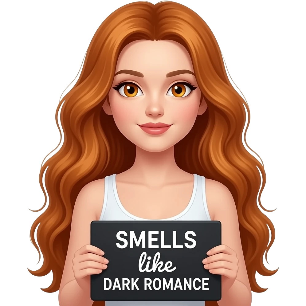 sexy girl with long wavy ginger hair and ginger eyes wearing a white tanktop is holding a black colored sign with SMELLS like DARK ROMANCE written on it emoji