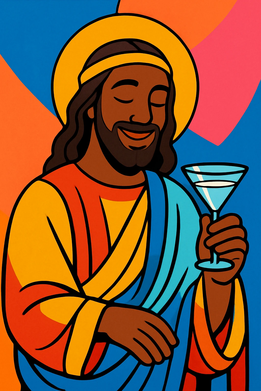 Black Jesus holding a vodka glass, gentle smile, contemporary art style, vibrant colors emoji