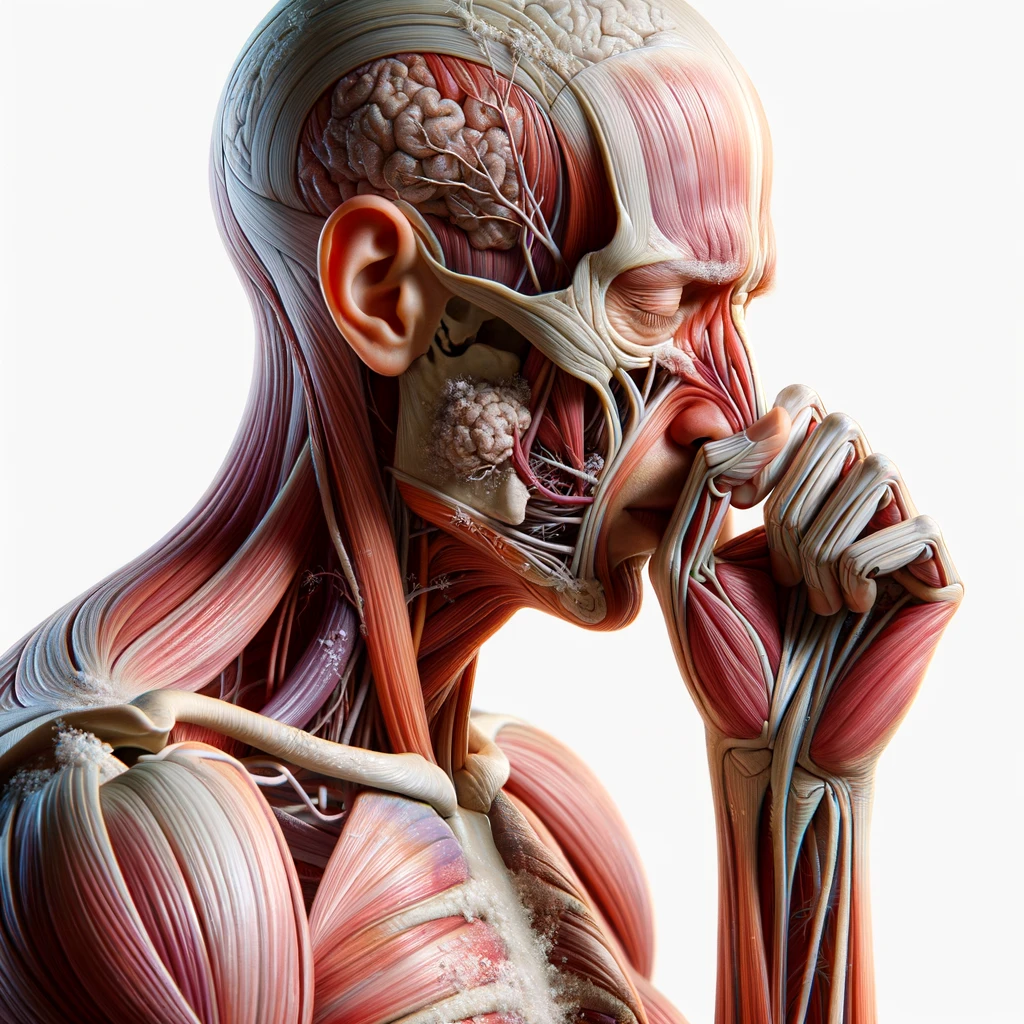 corpo umano anatomico che si soffia il naso perché ha il raffreddore, iperrealistico 4k, isolato su sfondo bianco emoji