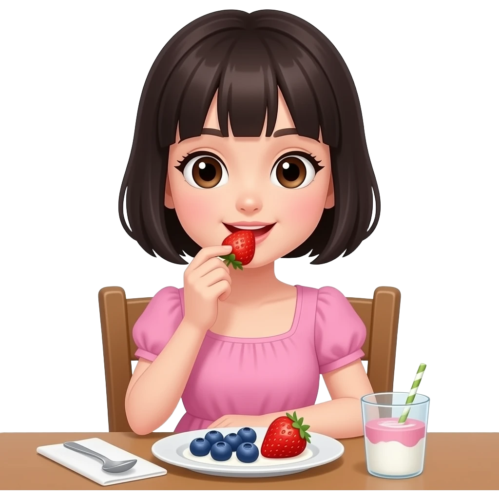 chica de cabello oscuro y corto, con ojos color cafe, con vestido color rosa, merendando fresas, arandanos y yogurten el comedor emoji