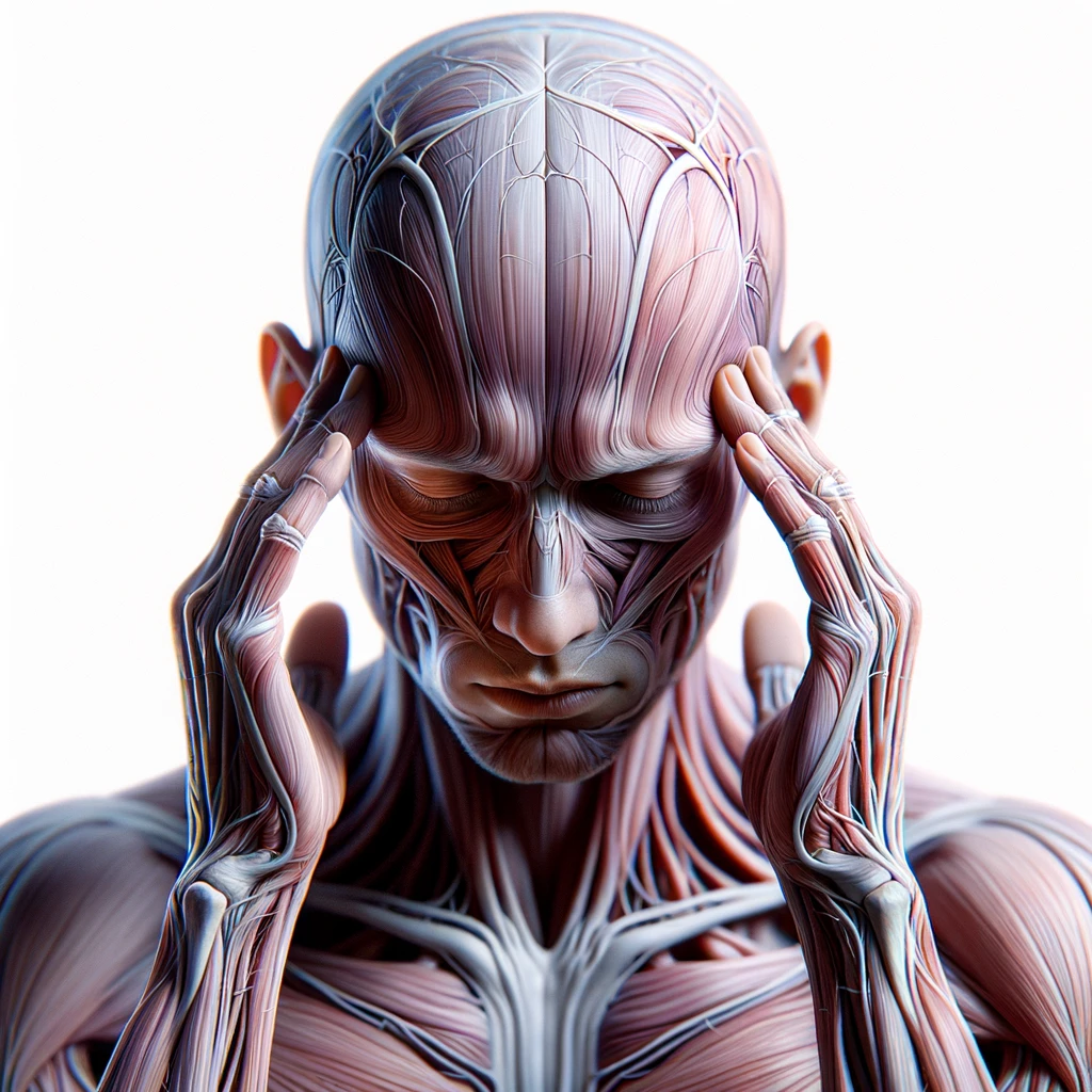 corpo umano anatomico con espressione stanca e stressata in volto, si tiene le dita sulle tempie per calmare il mal di testa, iperrealistico 4k, isolato su sfondo bianco emoji