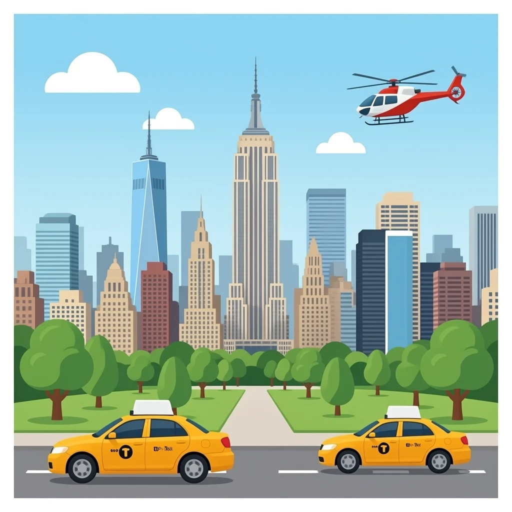 New York city Skyline. With a Park, Taxis, Helicopers, everything. emoji