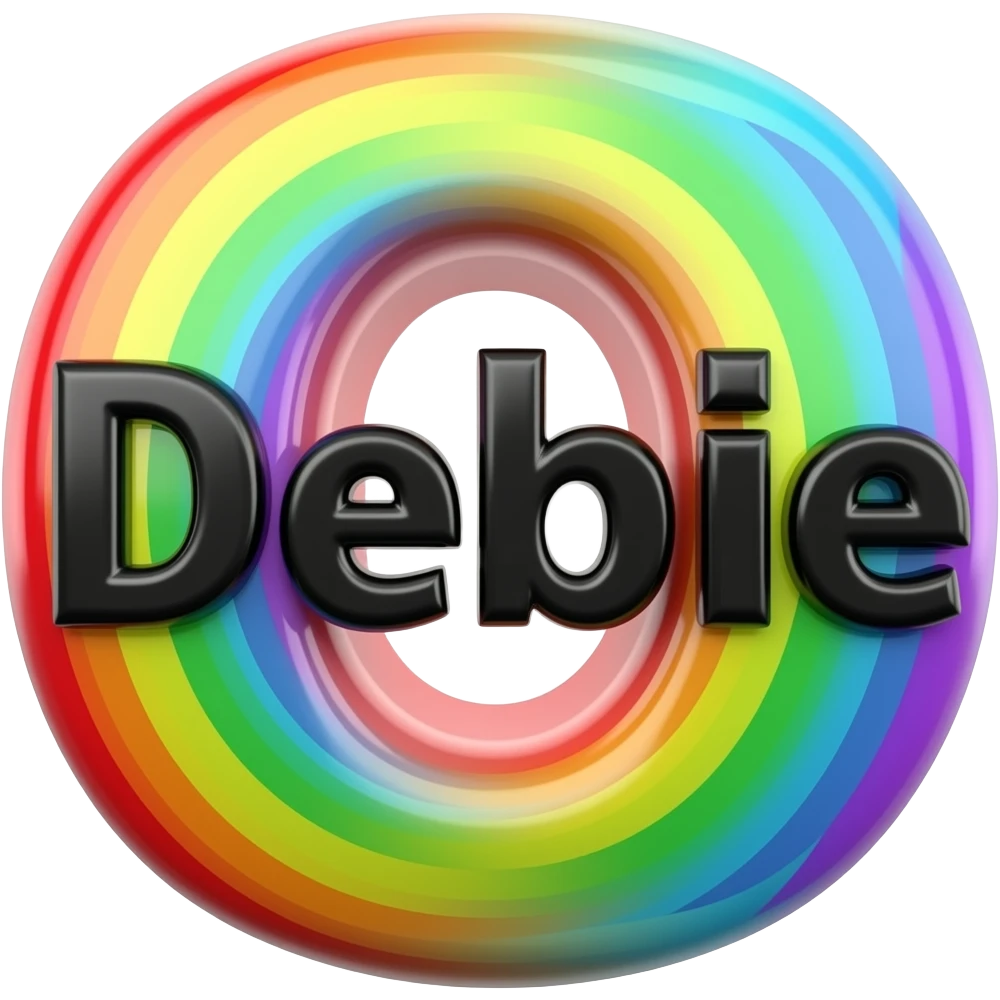 name "debbie" in black typography lettering, each color of the rainbow as a border outlined around each letter, isolated, 3d rendering, no emoji icons no emoji faces and must have no human figures emoji