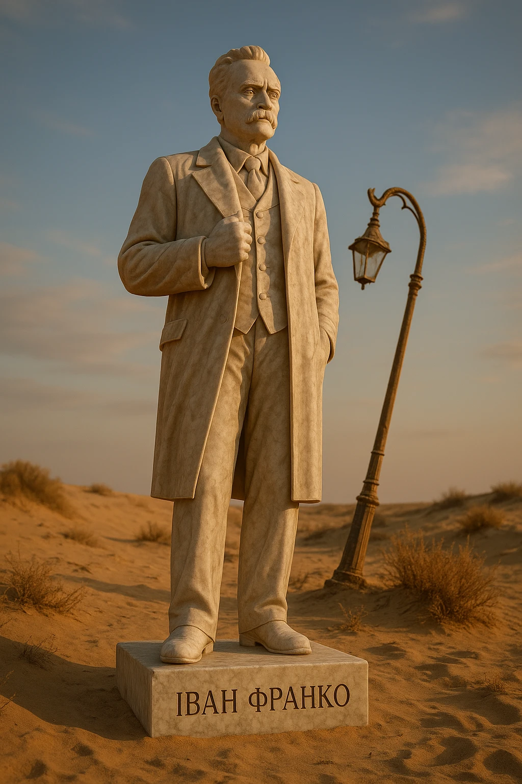 Ultra-realistic full-length marble statue inspired by a reference photo, placed in a desert with a broken lamppost beside it. The pedestal reads 'Іван Франко'. Sunset lighting, low-angle perspective. emoji